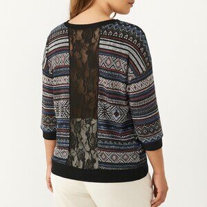 Almost Famous Juniors 1X Black Aztec Sweater Lace Back 3/4 Sleeve Knit Top